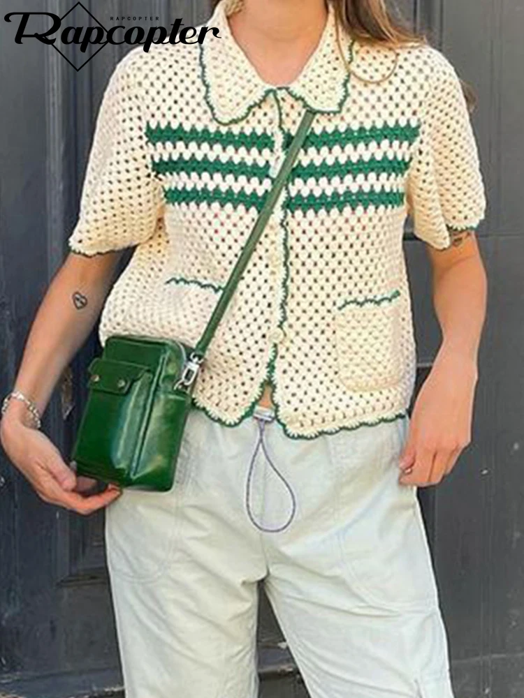 

Топ женский с отложным воротником и коротким рукавом, в полоску