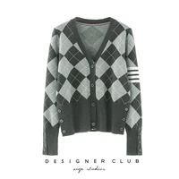 2022 new tb retro college style v neck diamond sweater cardigan womens long sleeved knitted jacket for spring and autumn