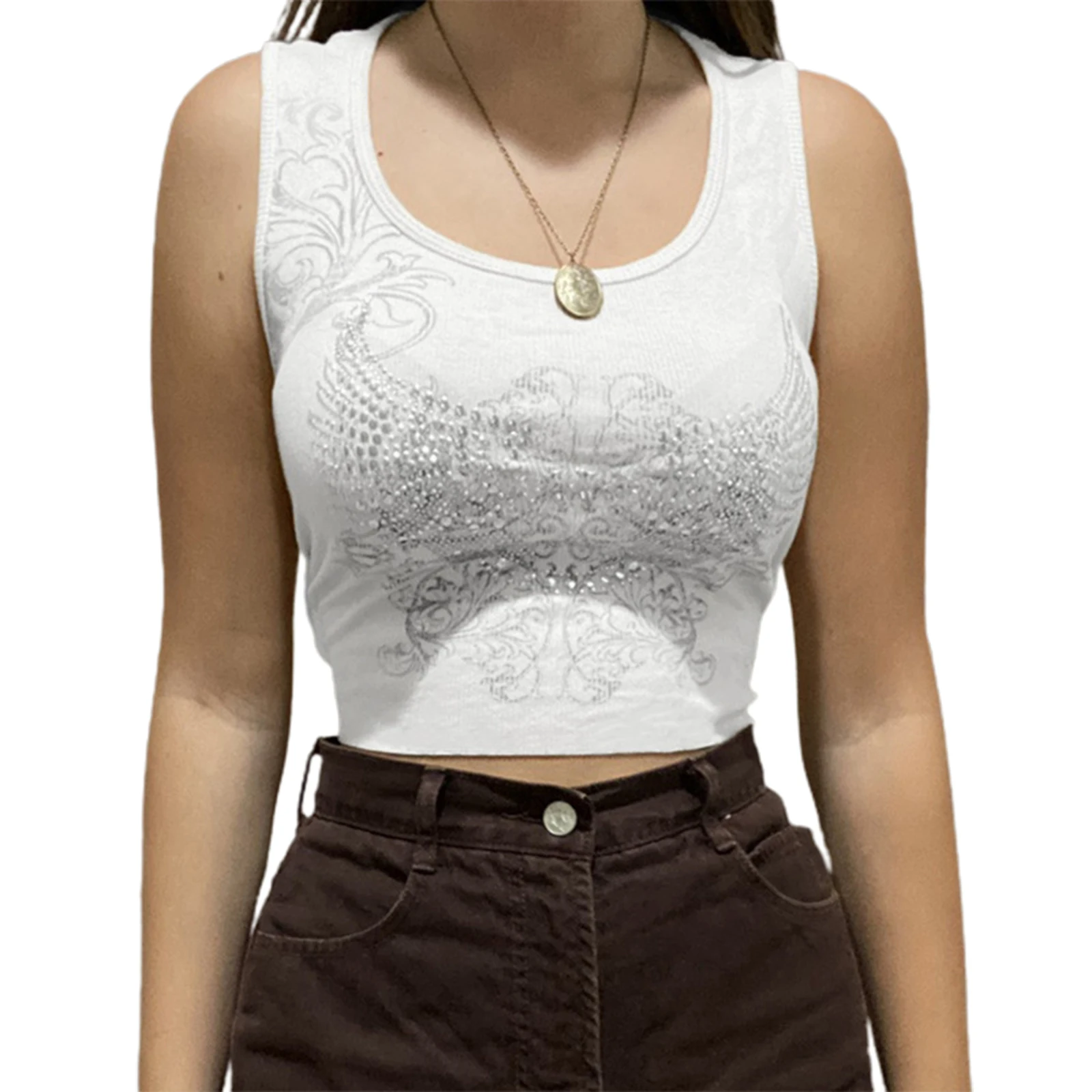 

Women Clothing Polyester Tanks Tops with U Neck Wings Pattern Skinny Fit Casual Style Spring Camisole