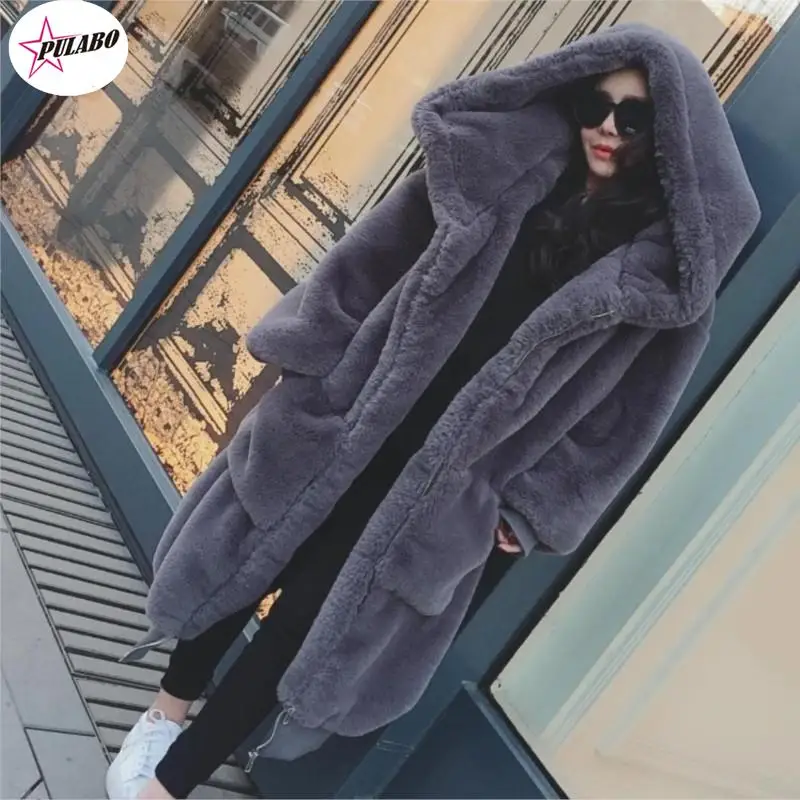 

Winter Warm Hooded Large Size Medium Length Solid Color Fur & Faux Fur Women PULABO Casual Long Sleeve Women Fur Coat