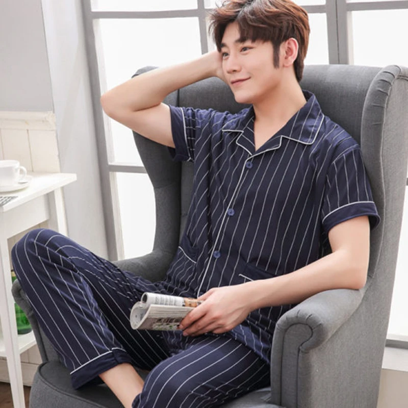 QUHENG Cotton Pijama for Men 2 Pieces Lounge Sleepwear Summer Short Sleeve Bedgown Home Clothes Man  for Sleeping Pajamas Set