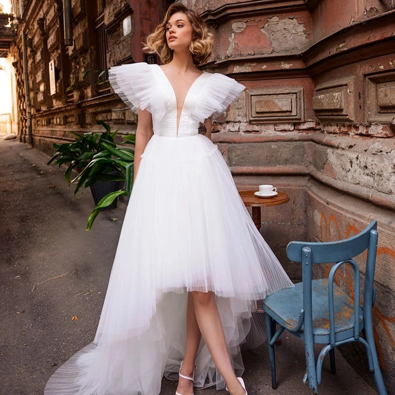 

Eightre Boho White Wedding Dresses Double V-neck High Low Bride Dress Sleeveless Princess Wedding Evening Prom Gowns Plus Size
