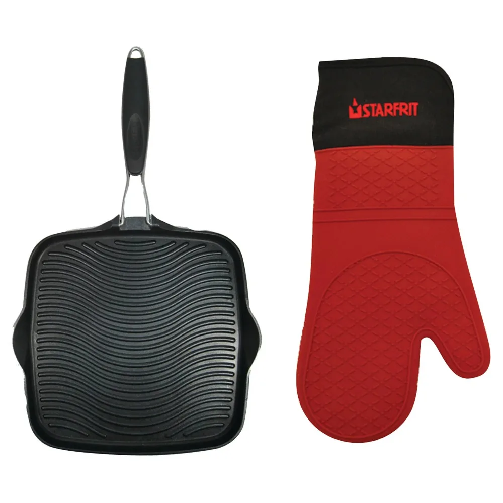 

Starfrit 10" x 10" Grill Pan with Foldable Handle & 15" Silicone Oven Glove with Cotton Liner