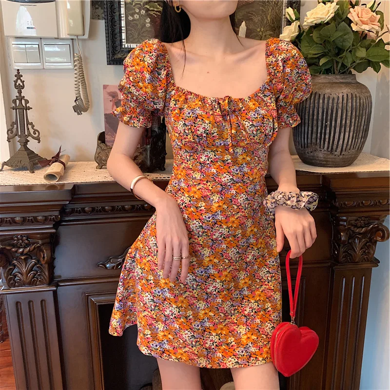 

Summer Vintage Mini Dresses with Draw String Women Puff Sleeve Floral Slim Cottagecore Dress 2021 Plus Size Short Sleeve Bodycon