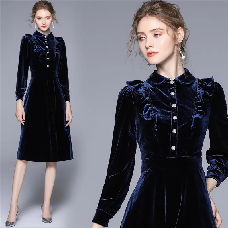 

High Class Blue Color Women Velvet Dresses Retro Single Breasted Polo Neck High Waist Cascading Rufflle Elegant Party Vestidos