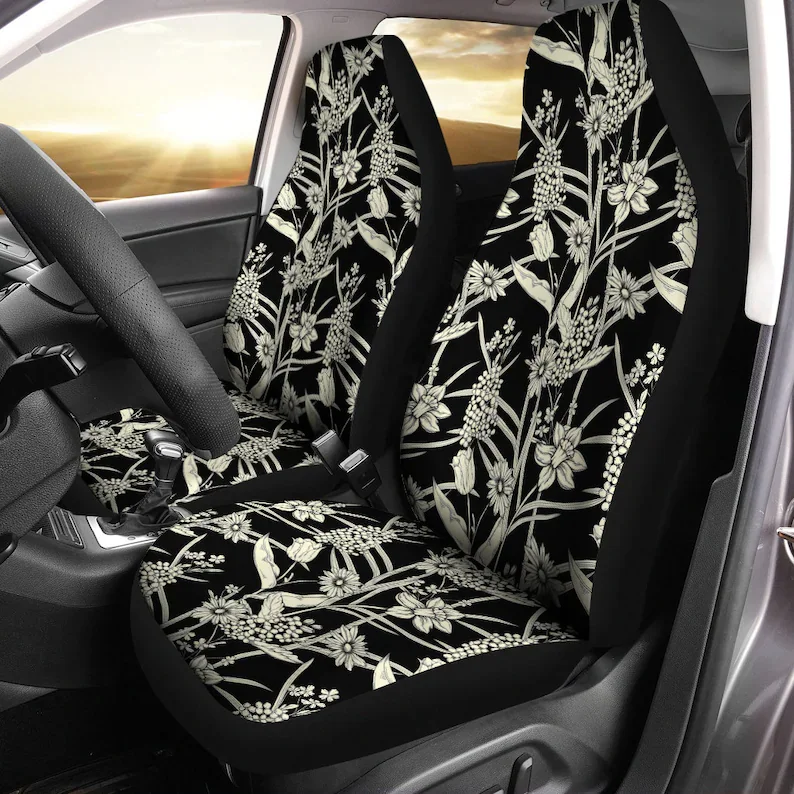

black light Beige floral Car Seat Covers(1 pair), Bohemian universal seat covers, Car Seat Protector, car seat upholstery, Car D