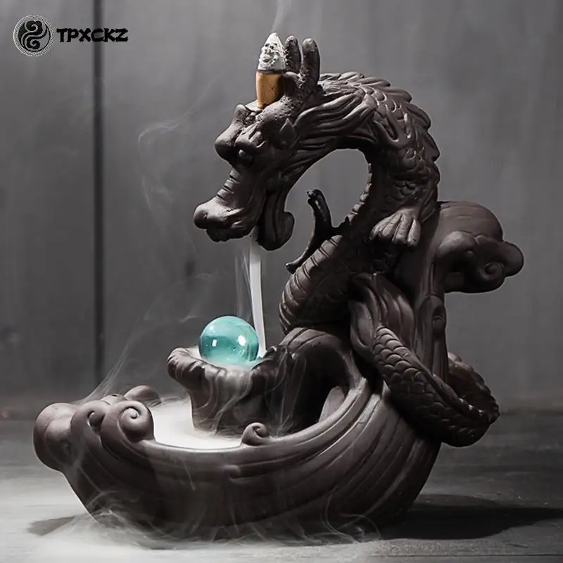 

Home Decor Handmade Ceramic Dragon With Crystal Ball Backflow Incense Burner Creative Smoke Waterfall Incense Holder
