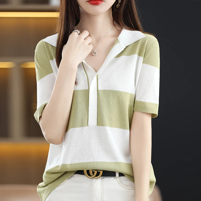 

Новинка лета 22, футболка из вискозы с коротким рукавом, женский жилет в полоску с воротником-поло, повседневный Универсальный вязаный пулов...