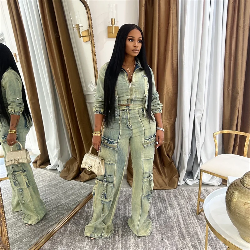 Pant Sets Long Sleeve Women Tracksuits Zipper Denim Coat Cargo Ankle Length Pants Pockets High Street Spliced Baggy 2024