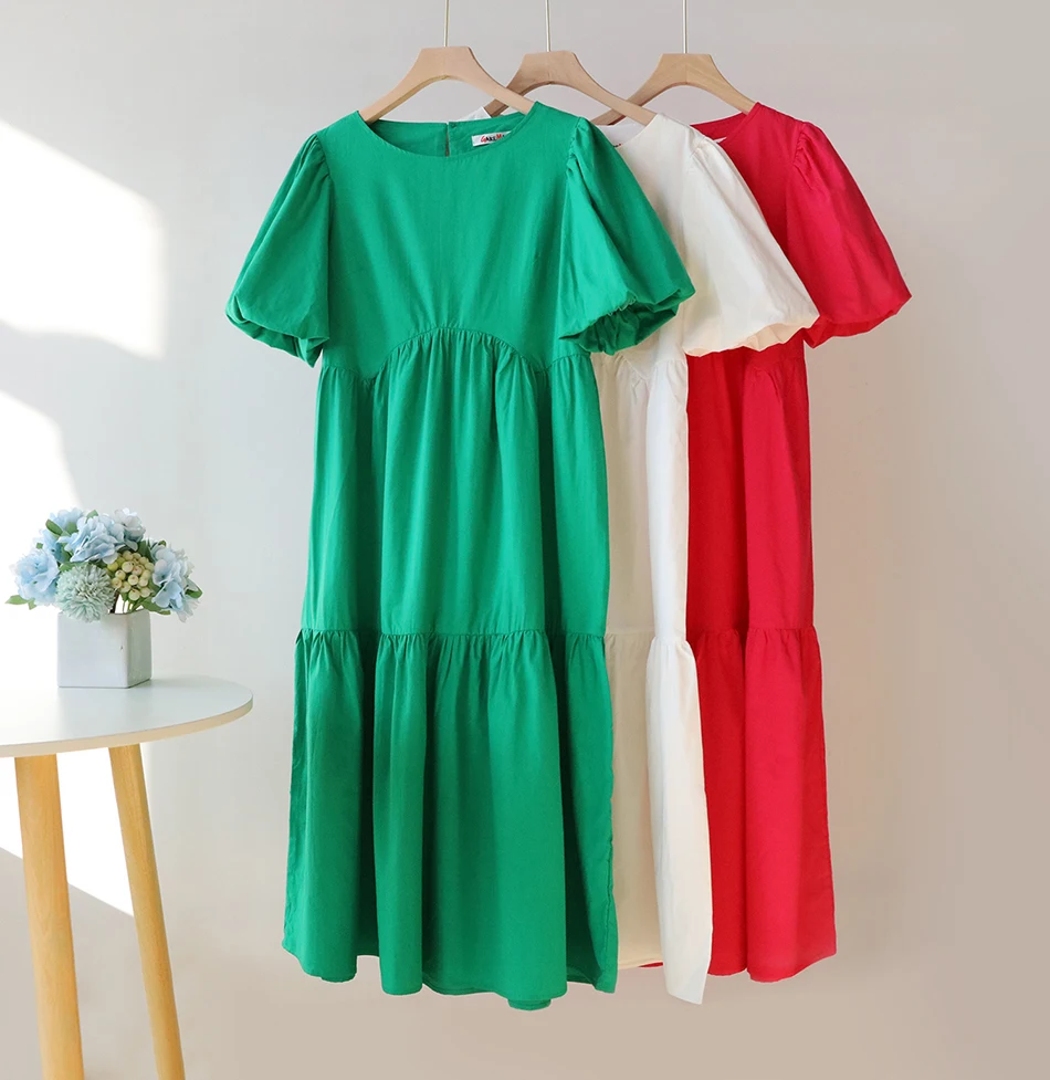 

Casual Women Summer Maxi Dress 100% Cotton O Neck A-line Oversize Short Sleeve Midi Dress Puff Sleeve White Green Long Dress