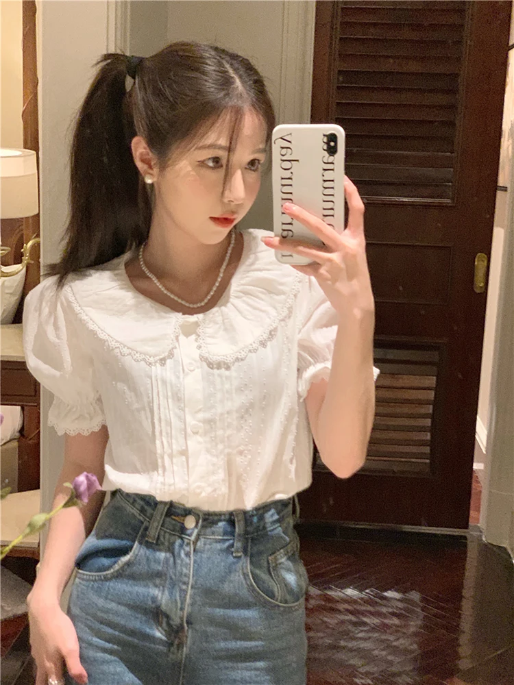

Lolita Shirts Women Summer Lace Trim Peter Pan Collar Puff Sleeve Loose Blouses Cute Tops for Sweet Girl Kawaii Clothes