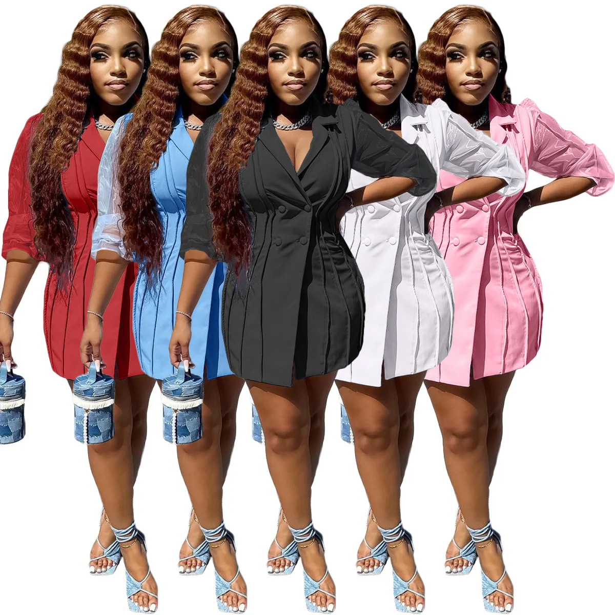 

Женская Офисная приталенная куртка с сетчатым рукавом-фонариком и лацканами