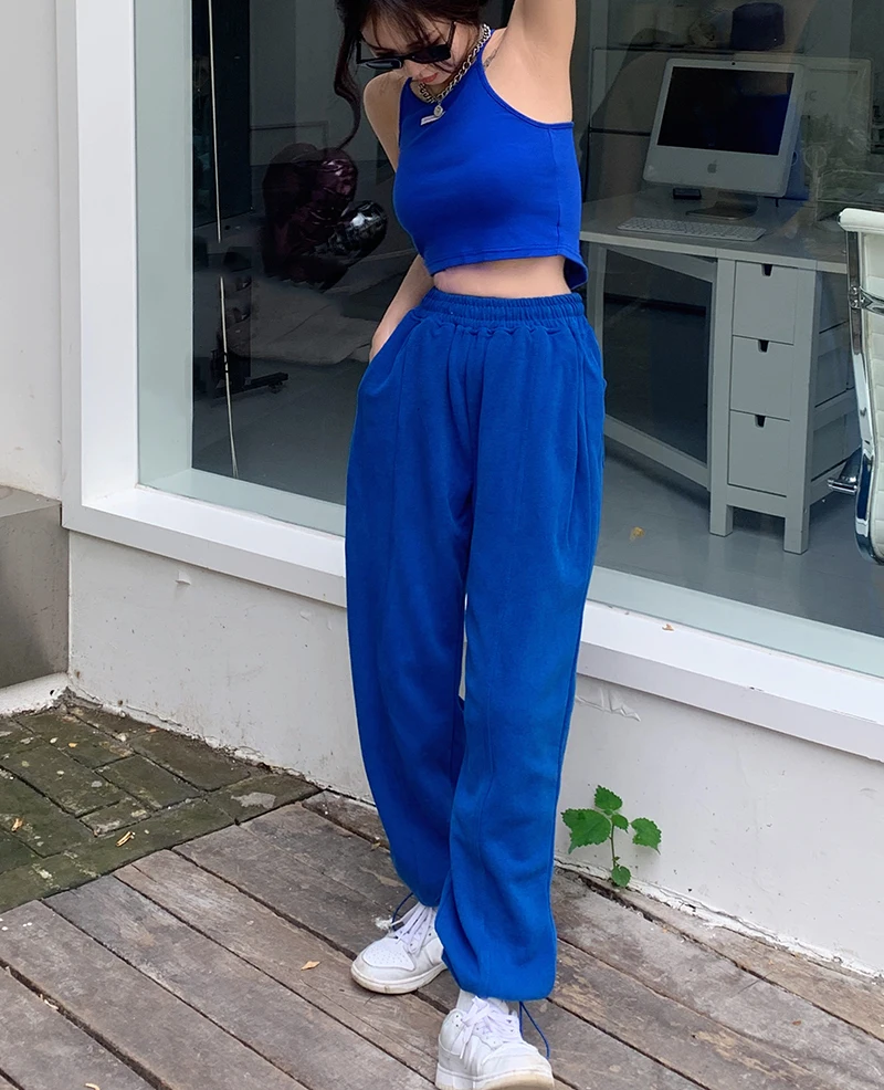 

Blue Elastic Waist Casual Belted Wide Leg Trousers Oversize Streetwear Korean Fashion Female Clothing Y2k Clothes Women's Pants