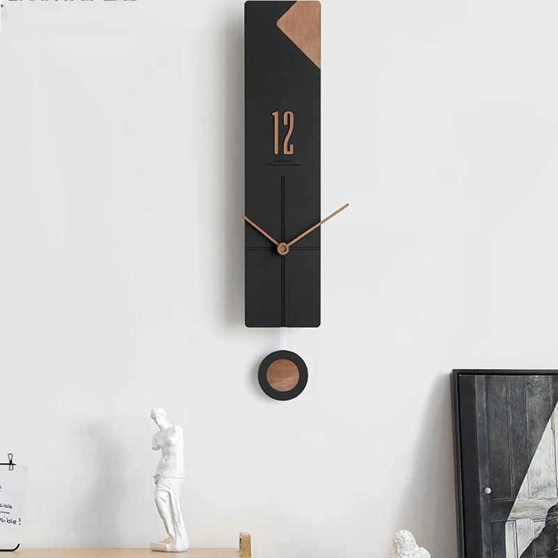

Nordic Modern Wall Clock Living Room Chic Wood Pendulum Bedroom Wall Watch Silent Black Simple Stylish Relojes Home Decoration