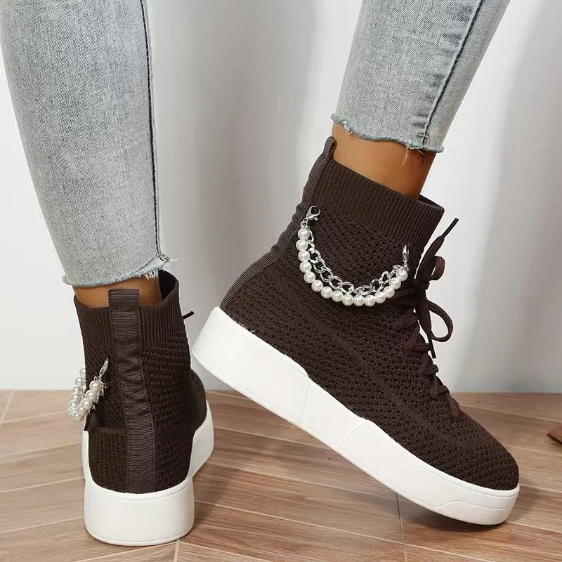 

Женские вязаные ботинки-носки, брендовые полусапожки из эластичной ткани на платформе с металлическими цепочками и круглым носком, размеры 36-42
