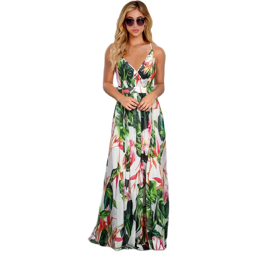 

Women's Clothing 2022 Summer Close Fitting Temperament Elegant V-neck Beach A-line Skirt Bohemian Printed Backless Evening Dress