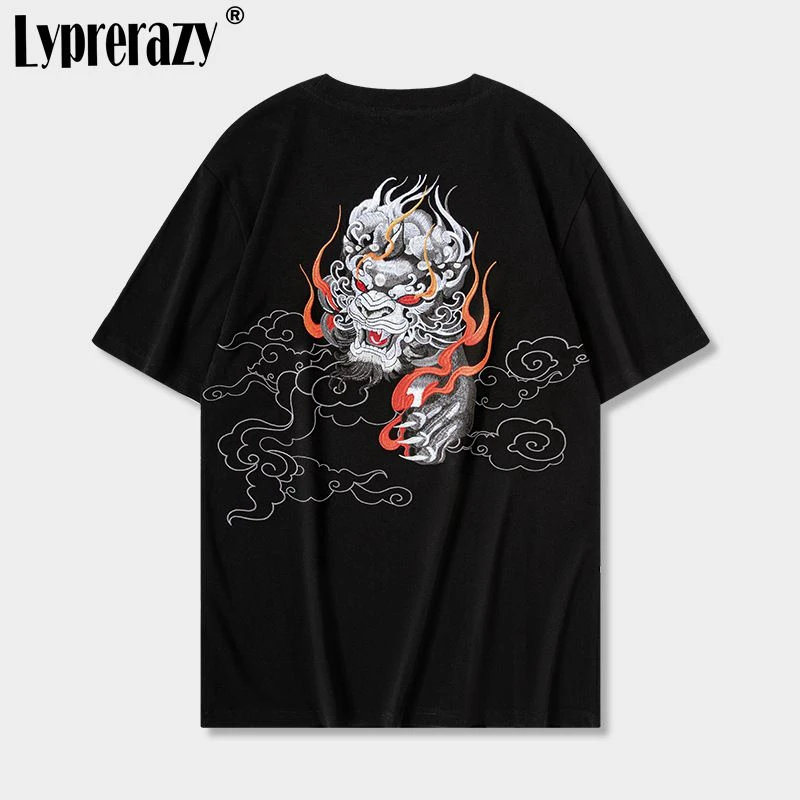 

Lyprerazy футболка с коротким рукавом в китайском стиле с вышивкой тигра летние хлопковые топы в национальном стиле футболки