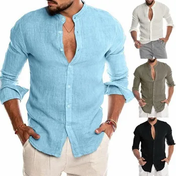 New Men's Cotton Linen Shirt Solid Color Long Sleeve Cardigan Long Sleeve for Men Casual Loose Collarless Button Male Man Shirts 1