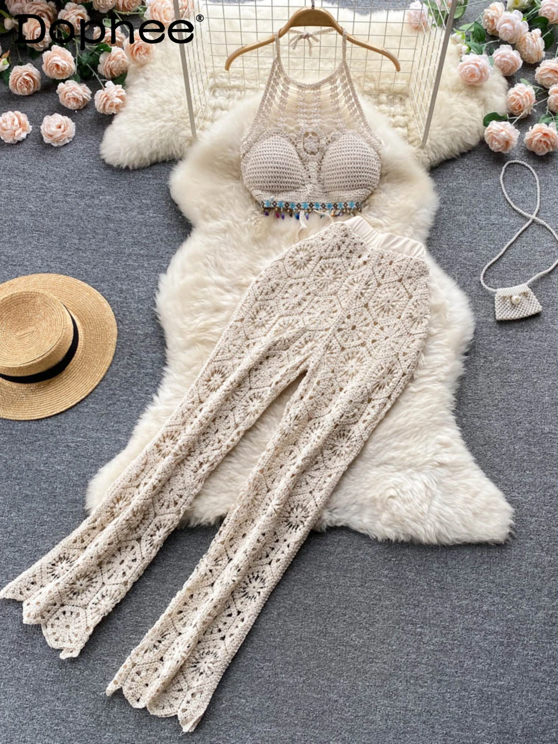 

Seaside Beach Holiday Vest 2-Piece Set Women Sexy Halter Suspenders Camis Summer Suit High Waist Hollow Trousers Two-Piece Sets