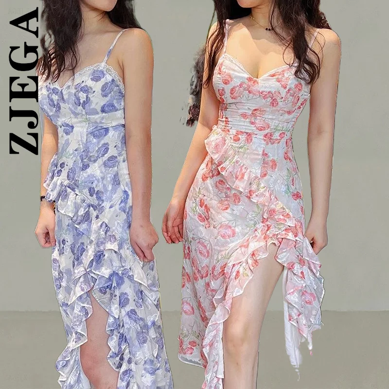 

Zjega Fashion Spaghetti Strap Colorful Print Irregular Collar Midi Dress Korean Elegant Robe Vestidos Female Dresses Woman
