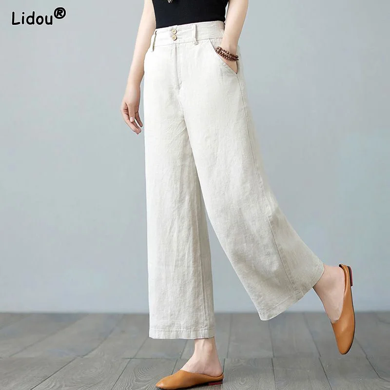 Loose Elastic Waist Button Vintage Fake Zippers Pockets Wide Leg Pants Solid Thin Spring Summer Casual Women's Clothing Numb