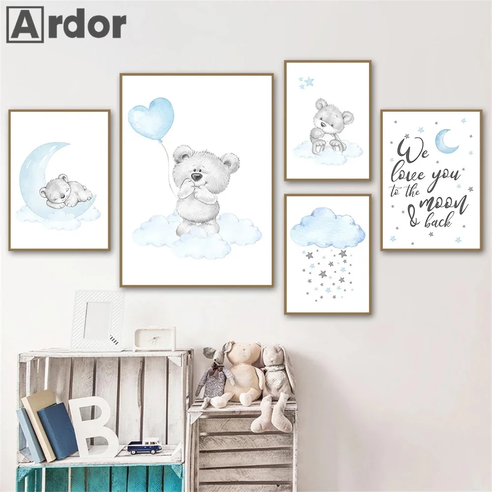 Абстрактный медведь настенный плакат голубая луна звезда облако Художественная
