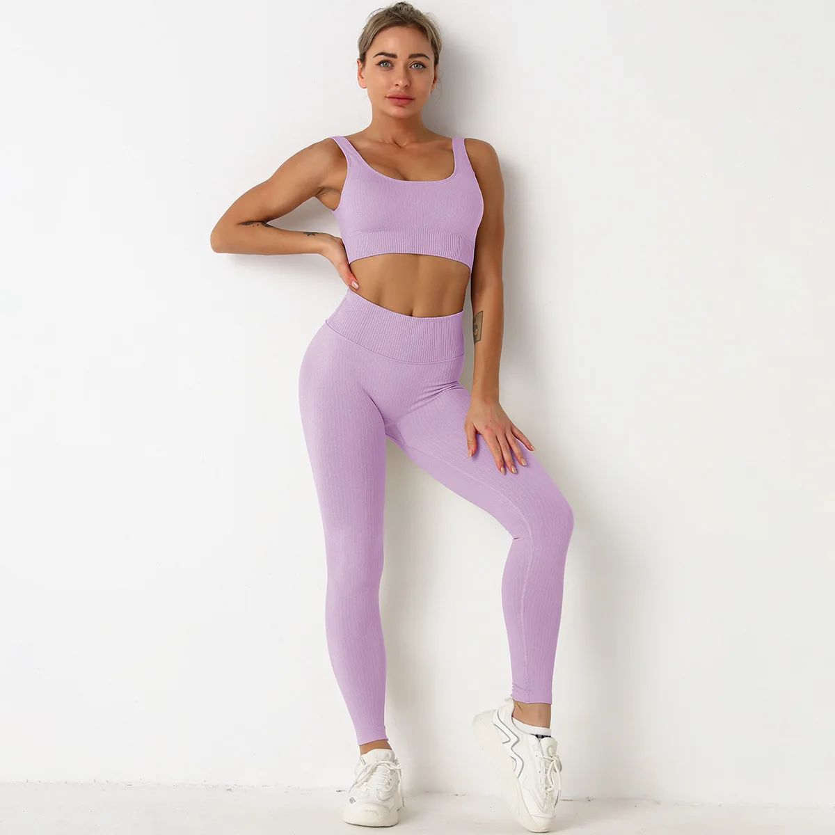 

Women Sportswear Yoga Set 2pcs Seamless Gym Suits Running Sets Solid Color Tops High Waist Leggings Gym Sets