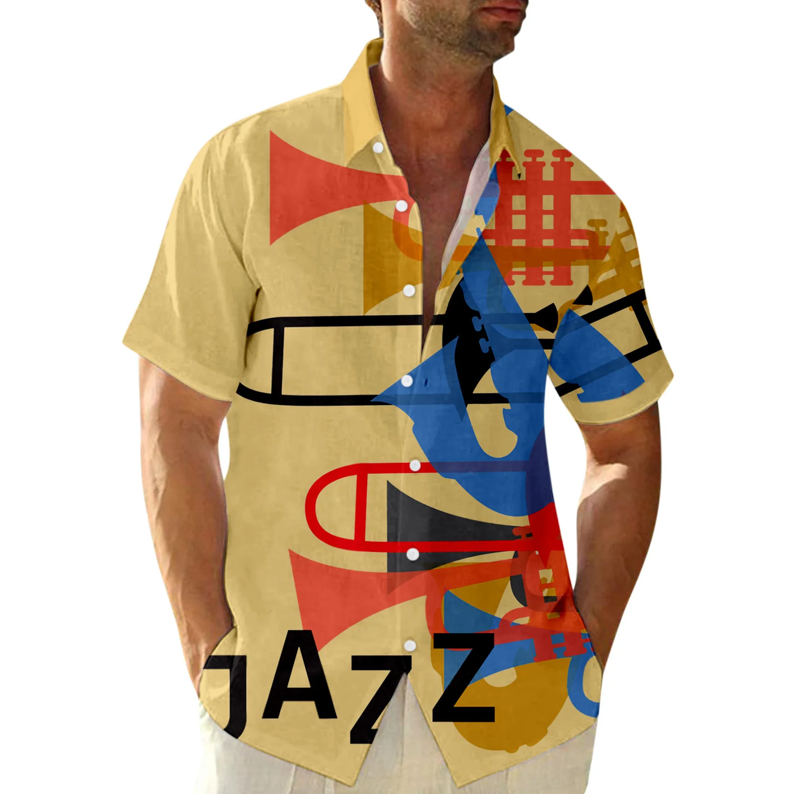 

Male Summer Casual Music Print Plus Size Shirt Turn Down Collar Short Sleeve Shirt Short Sleeve Cotton Top
