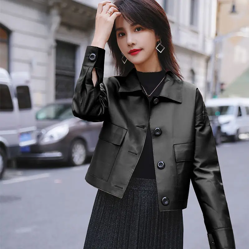 

Short Spring and Autumn Casual New Jacket Sheepskin Motorcycle Coat Polo Collar Leather Coat Women's Button 2023 Genuine Leather