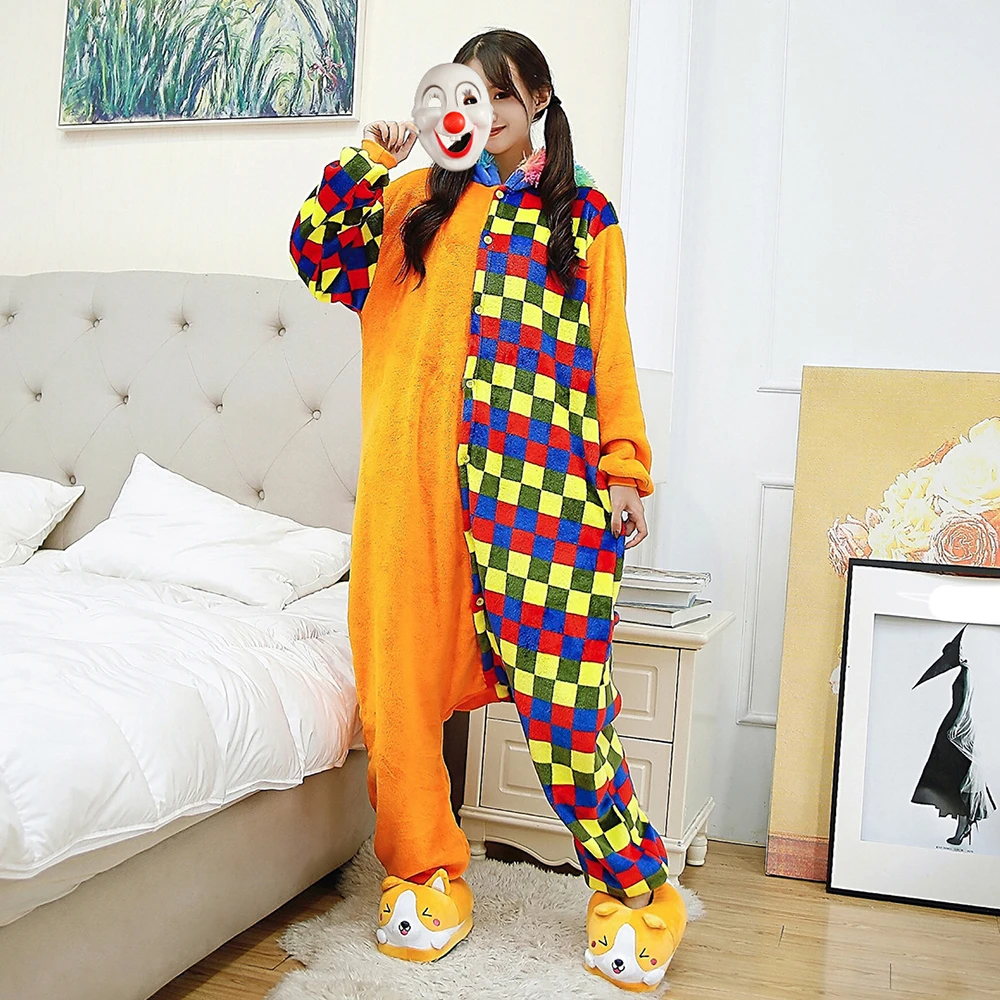 Unisex Winter Warm One-Piece Cartoon Animal Pajamas With Colorful Hat Polyester Comfortable Thick Sleepwear Cosplay Clothes