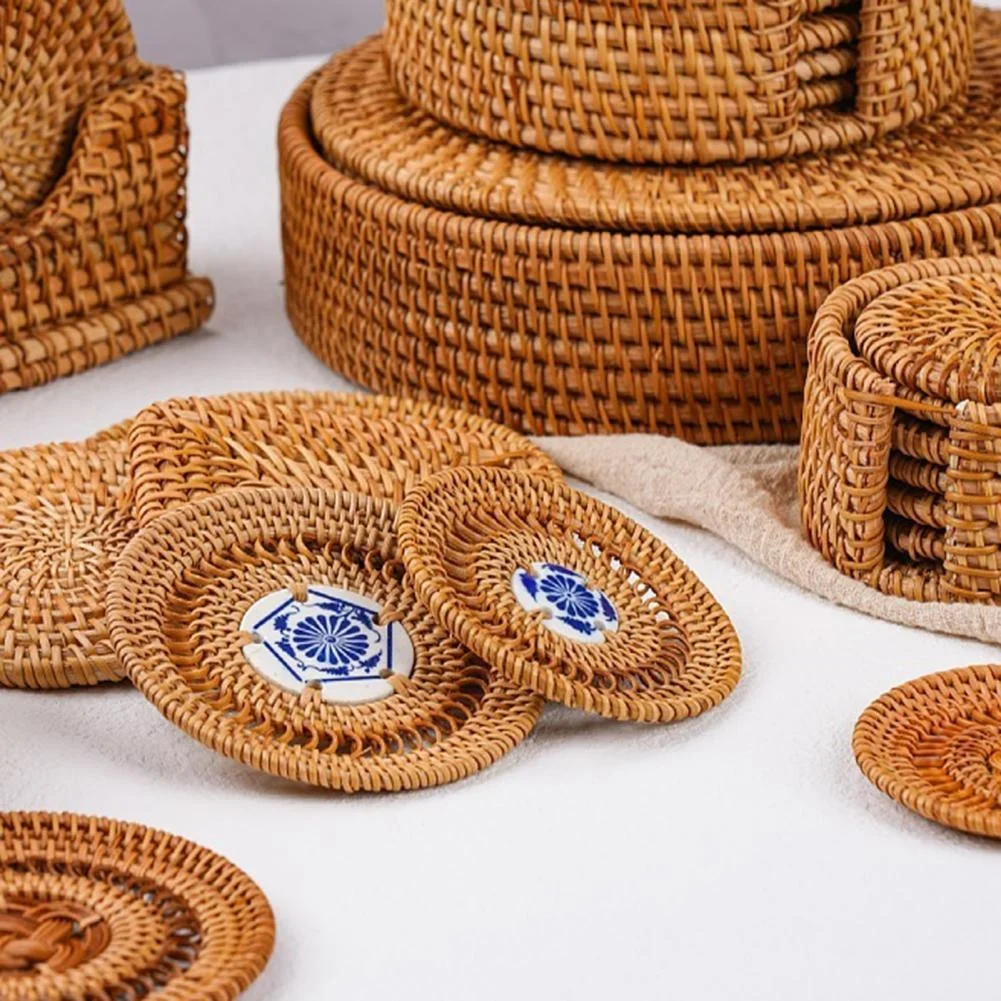 

Woven Rattan Cup Holder BlueWhite Porcelain Pad Natural Straw Woven Drink Coaster Heat Insulation Pot Holder Mat Table placemat