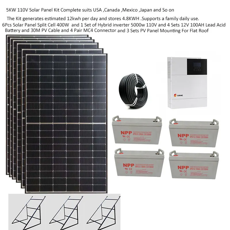 Solar Panel Kit Complete 5000W 220V 110V Solar Panel 400W Lead Acid Battery Mount Off Grid System MPPT UPS Hybrid Inverter Home