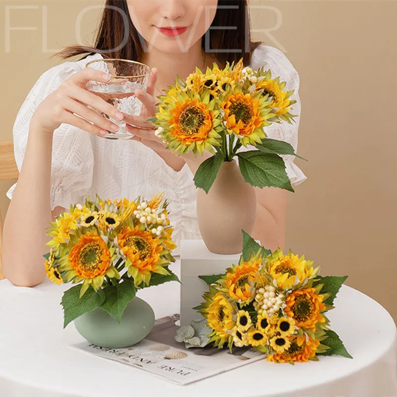 

Искусственный букет подсолнухов, шелковые Подсолнухи, искусственные Желтые Подсолнухи для свадебного декора, украшение для дома, улицы, по...