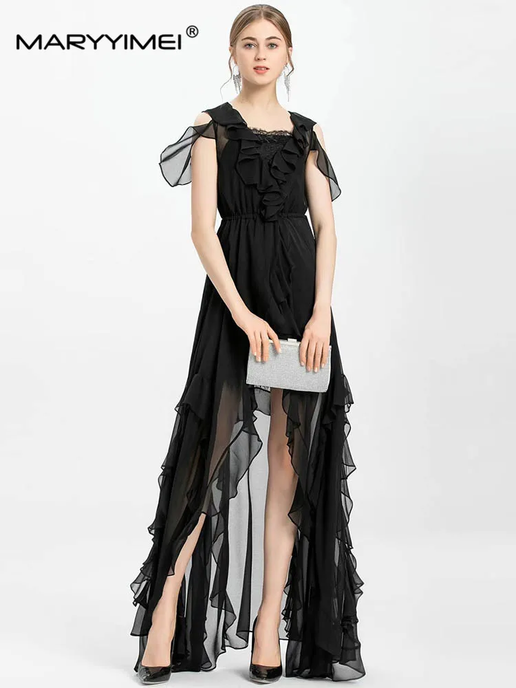 

MARYYIMEI New Spring Summer Fashion Women's dress Butterfly Sleeve Ruffle Split Square Collar Party Banquet Long Dresses