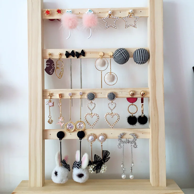 4-layer Jewelry Display Stand Solid Wood Necklace Storage Rack Earring Frame Ear Card Household Decoration Shoporganizer