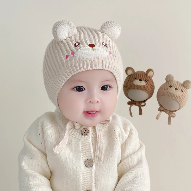 

Cartoon Knit Baby Beanie Cap Winter Warm Infant Ear Protection Hat Solid Color Bear Toddler Boy Girl Crochet Earflap Hats 모자