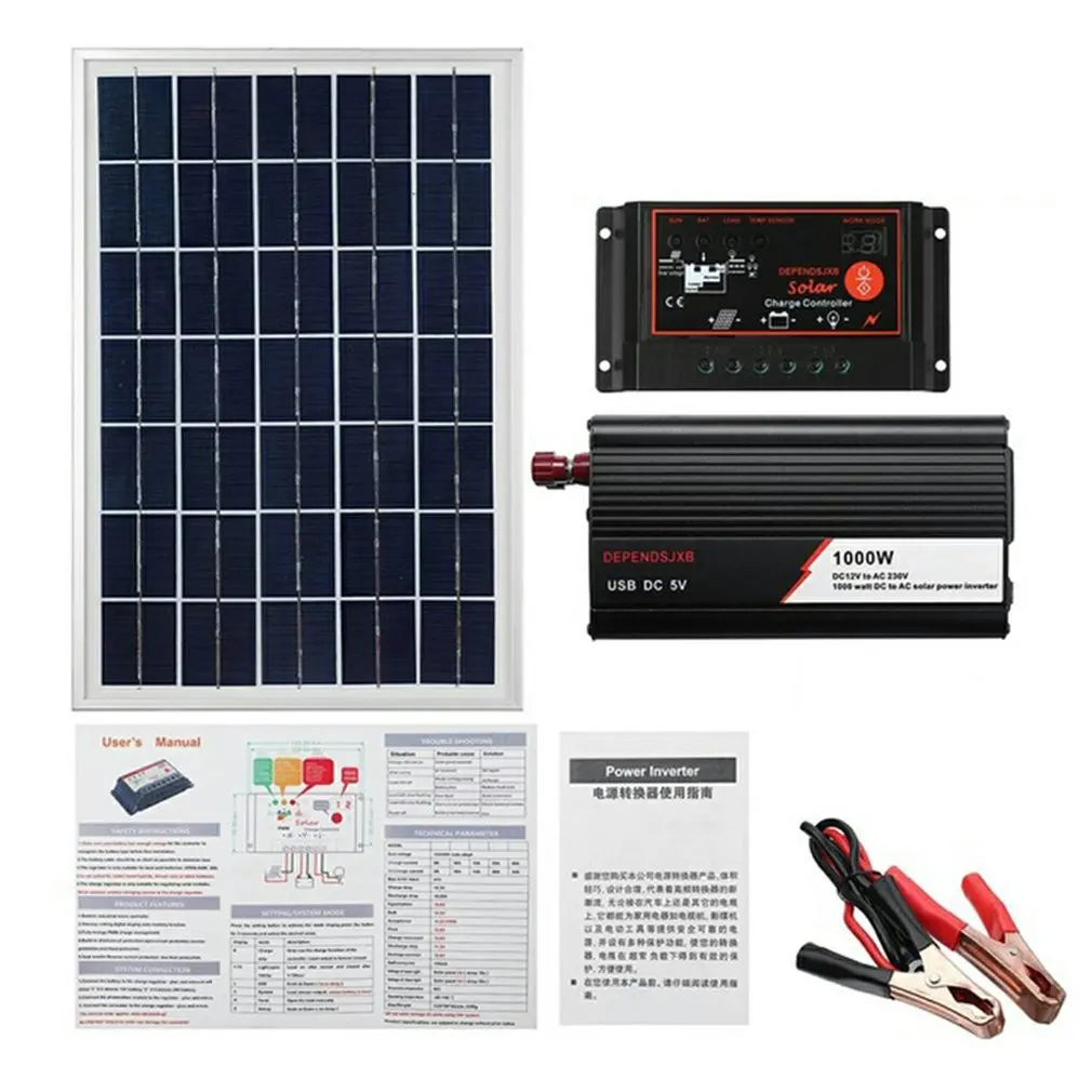 Solar Panel System 18V 20W Solar Panel Battery Charge Controller Solar Inverter Kit Complete Power Generation 60A