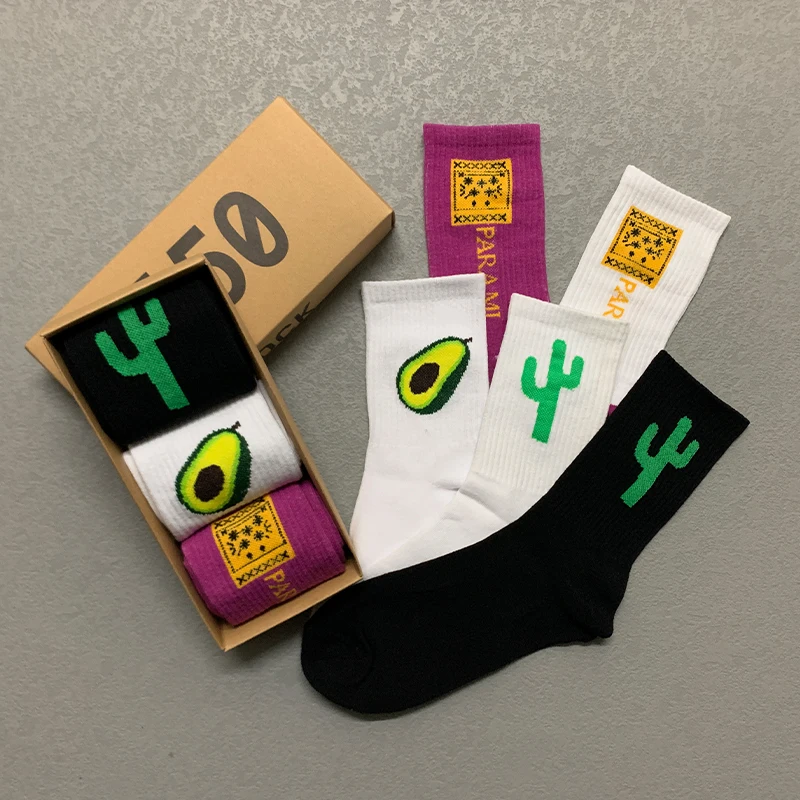 3 Pairs/Box Simplicity Cartoon Cactus Avocado Stockings Cotton Harajuku White Printted Fashion Gifts for Men Women Long Socks