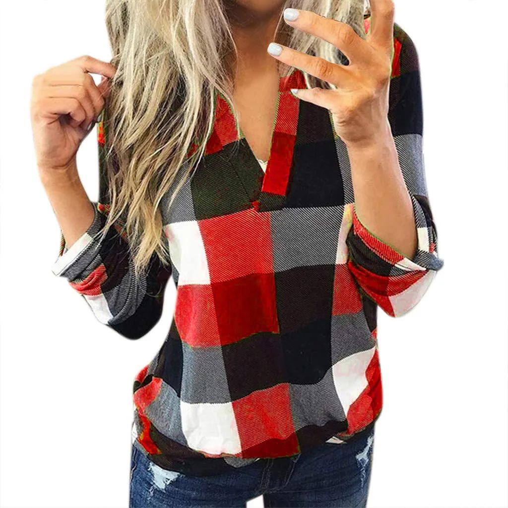 

Women Casual Cotton Long Sleeve Plaid Shirt Women's Slim Jacket Shirt Top