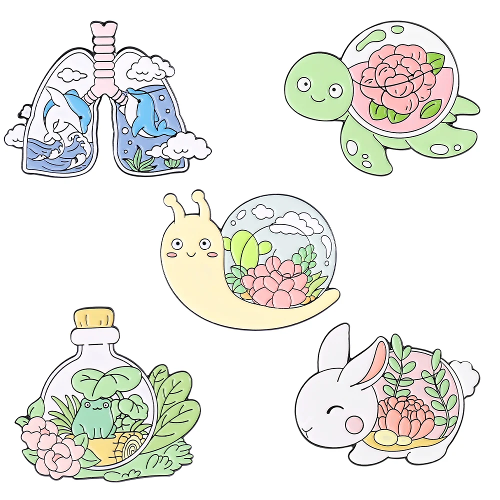 

Animal with Plants Enamel Pin Turtle Rabbit Frog Snail Flower Whale Lung Brooch Laple Badge Cute Jewelry for Kids Friends