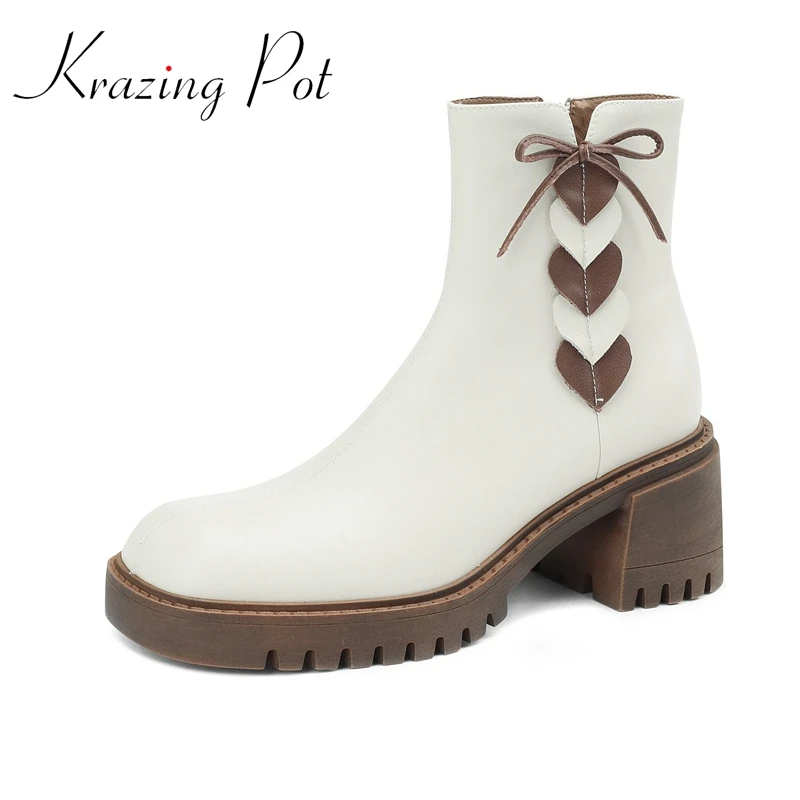 

Krazing Pot 2023 Full Grain Leather Square Toe Thick High Heels Retor Fashion Bowtie Handmade Gentlewomen Slip On Ankle Boots
