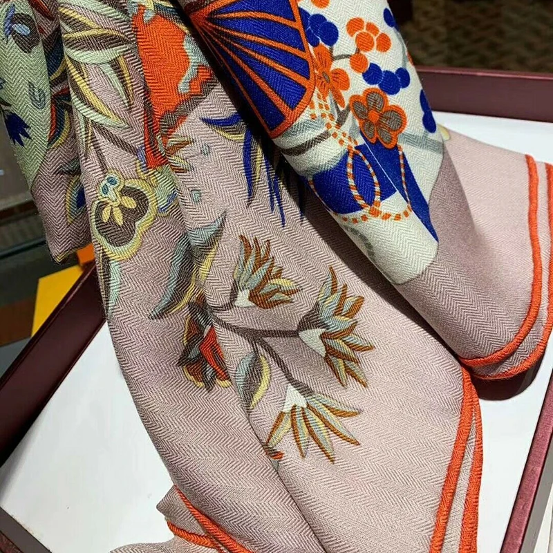 70% Cashmere 30% Silk Scarf Women Thin Shawl Fashion Boho Style Flower Print Kerchief Stole Blanket Bandana 135*135cm