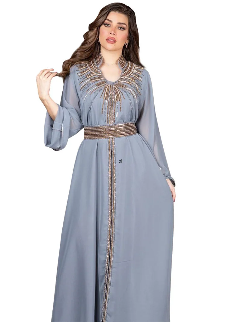 

Morocco Party Dress Women Muslim Abaya Stand Collar Fashion Dubai Abayas Diamond Kaftan Elegant Robe Vestidos Turkey Gown