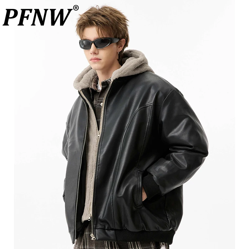 PFNW Черные стеганые куртки из искусственной кожи с капюшоном флиса и двойной