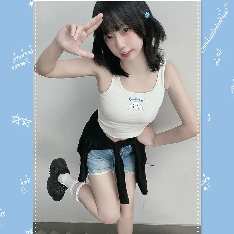 

Sanrioed Hello Kt Kawaii Anime Suspenders Y2K Summer Cinnamoroll Cartoon Versatile Printing Top Corset Crop Cute Short Top Vest