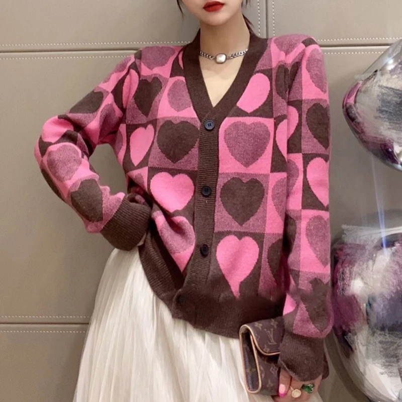 

Autumn Women's Elegant Heart Cardigan Sweater Coat Loose Vintage Korean Fashion V-neck Long-sleeve Knitted Cardigan Jacket Top