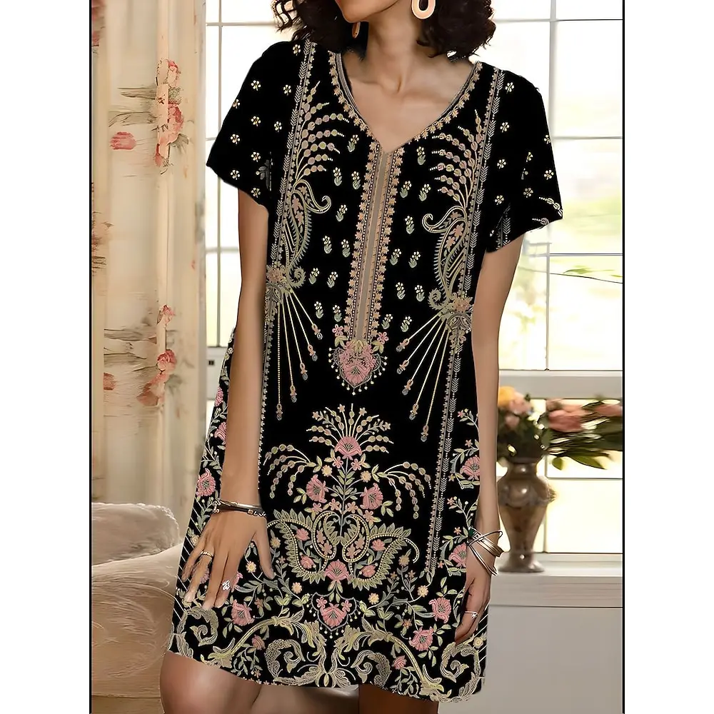 

Женское платье-футболка с цветочным принтом, V-образным вырезом и коротким рукавом