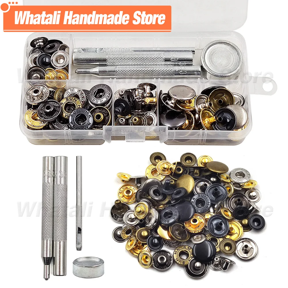 

25Sets Metal Snaps Fasteners Button Snap Press Studs With 4 Installation Tools Kits Leathercraft For Clothes Garment Bags Shoes