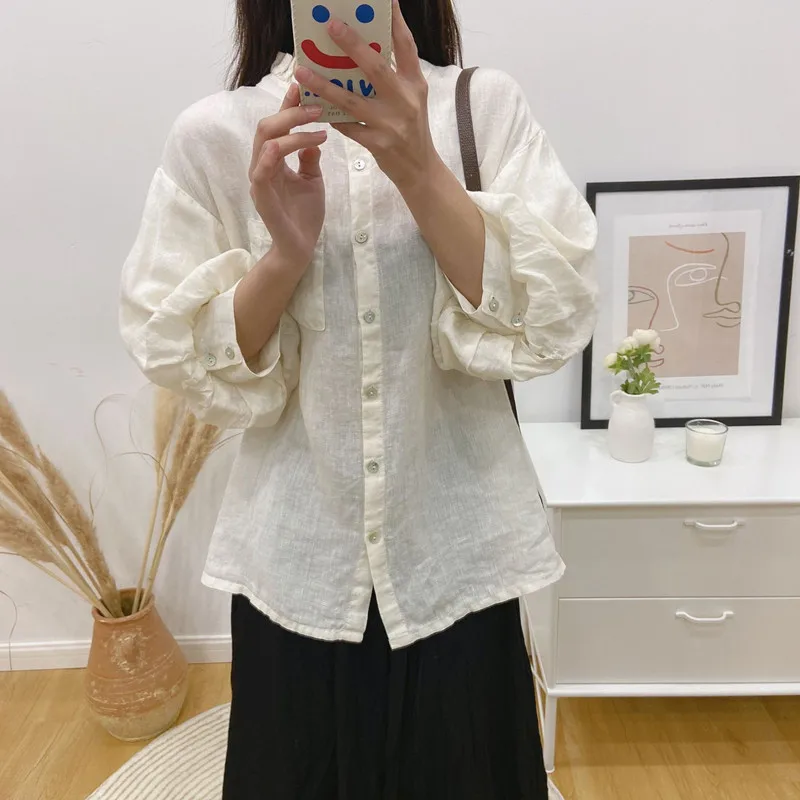 Женская винтажная льняная рубашка Johnature блузка в стиле мори с оборками