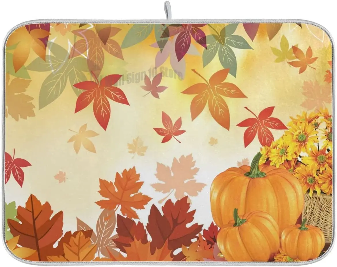 

Autumn Fall Dish Drying Mat for Kitchen Counter Pumpkin Maple Leaves Drying Mat 18 x 24 Inch